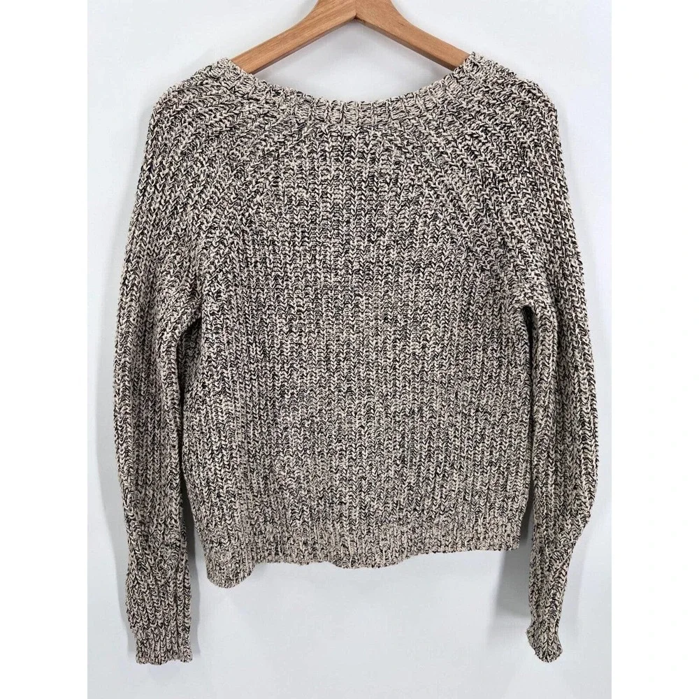 Halston Heritage Beige & Black Heathered Knit Button Front V-Neck Cardigan Small